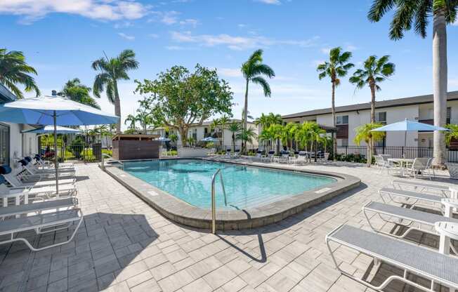 a swimming pool with chairs and umbrellas at the resort