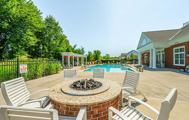 the preserve at ballantyne commons pool and patio with chairs and a fire pit