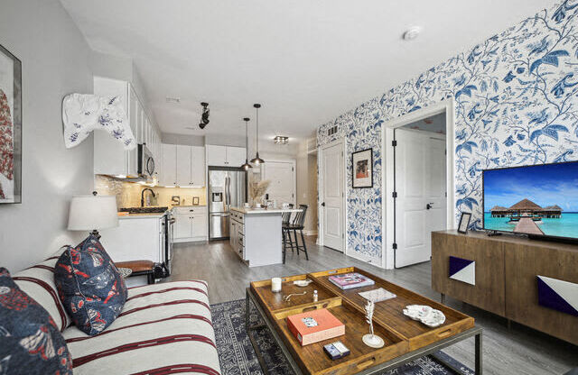 a living room with a couch and a table