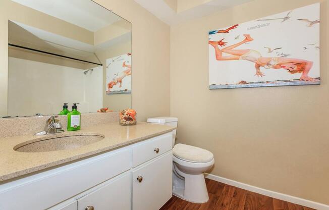 a kitchen with a sink and a mirror