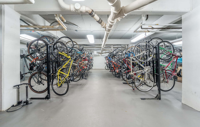 Bike storage room with repair station at The Chalfonte Apartments in the Adams Morgan neighborhood in Washington, DC 20009