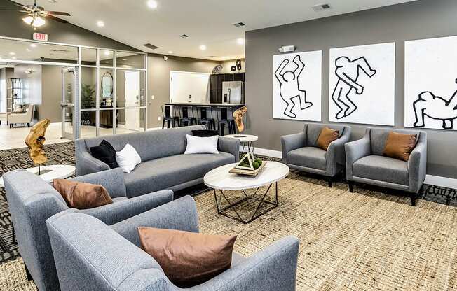 Clubhouse Lounge area with Keith Haring Artwork at Tamarin Ridge in Lincoln, NE