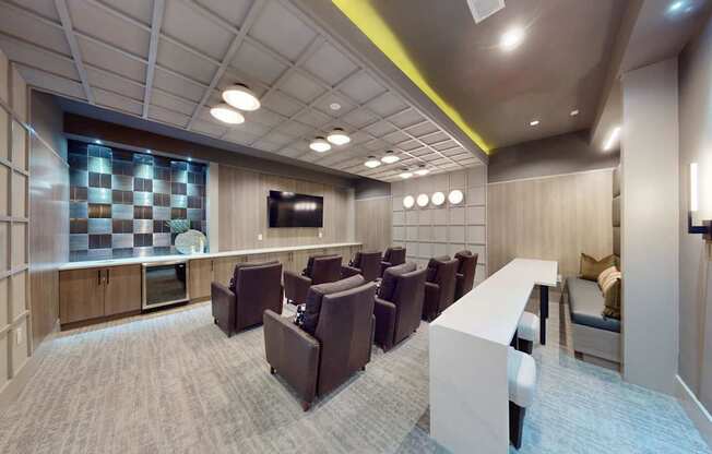 A conference room with a checkerboard patterned window.