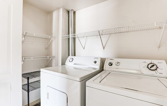 In-unit laundry in a classic series 2-bed, 2-bath apartment at Somerset Lakes, featuring a washer and dryer for convenience.