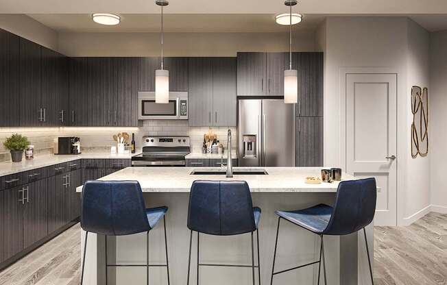 Quartz countertops and islands with overhead lighting