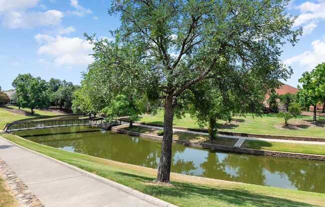Tree-lined pond and walking trail with peaceful water views and landscaped grounds.