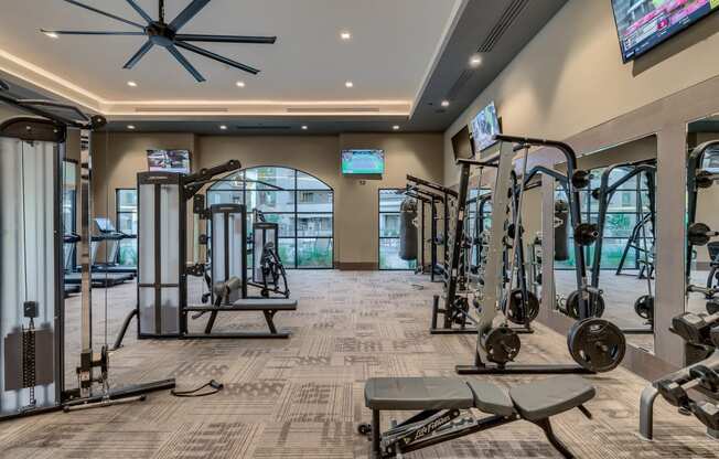 a gym with weights and cardio equipment and a tv