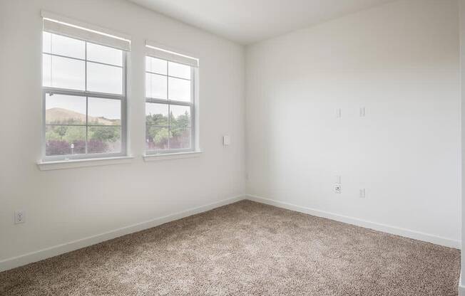 a bedroom with two windows and a carpeted floor