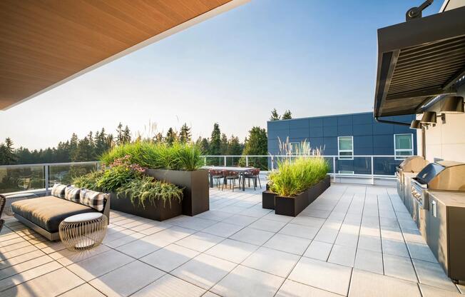 Enjoy open-air dining and grilling with a view on Modera Shoreline’s rooftop terrace—perfect for weekend gatherings or quiet evenings above the trees.