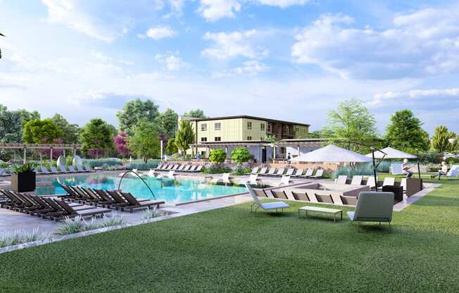 a rendering of a pool with lounge chairs and umbrellas at Boardwalk at Research Park, Huntsville