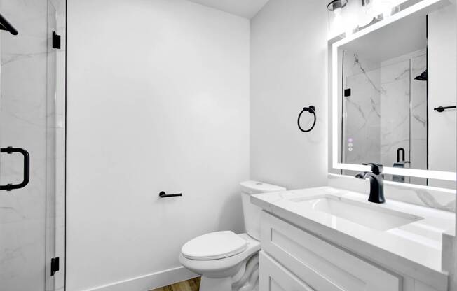 a bathroom with a sink toilet and a shower