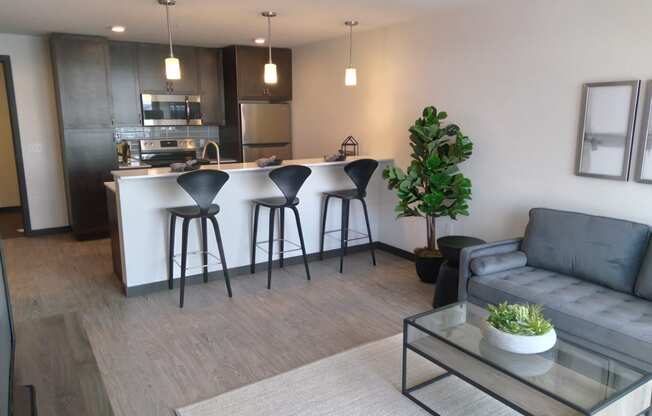 One bedroom living and bar area with stainless steel appliances