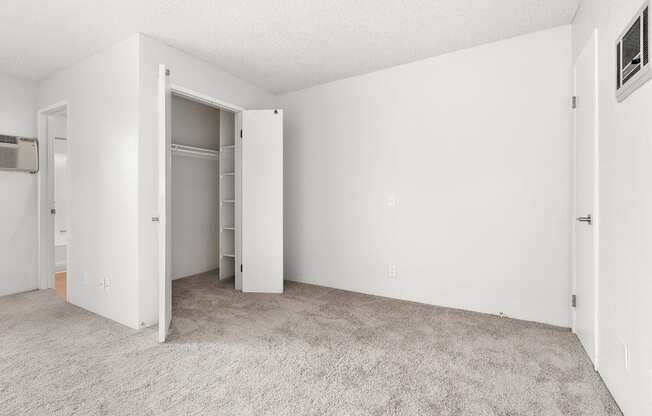A room with a carpeted floor and a doorway leading to another room.