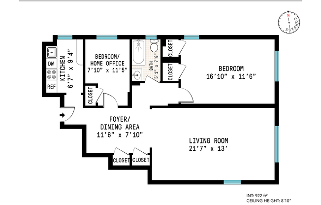 2 beds, 1 bath, 922 sqft, $3,100, Unit 7J