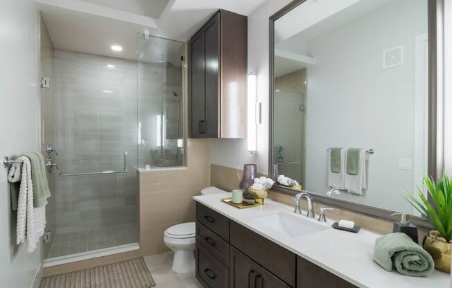 Walk-In Showers With Built-In Bench And Glass Enclosure at The Alastair at Aria Village, Sandy Springs, Georgia