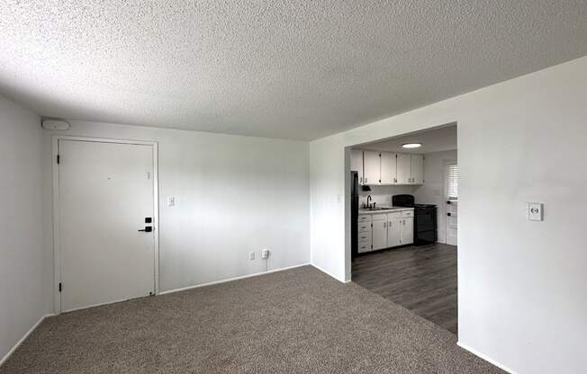 an empty living room with a kitchen in the background