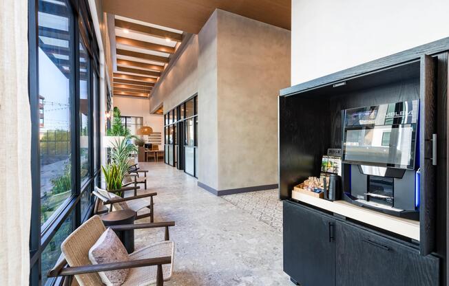 A thoughtfully designed coffee bar at Modera Higley Commons, offering a polished place to pause, recharge, and ease into the day.