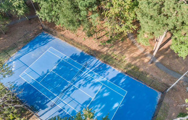 an aerial view of a tennis court surrounded by trees at Trails at Short Pump Apartments, Virginia