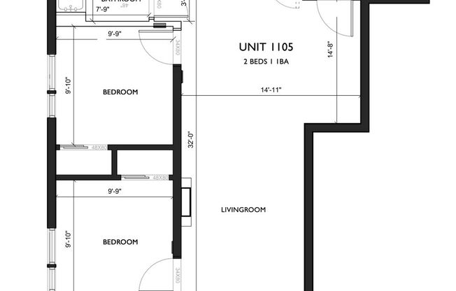 2 beds, 1 bath, 726 sqft, $1,849, Unit 1-105