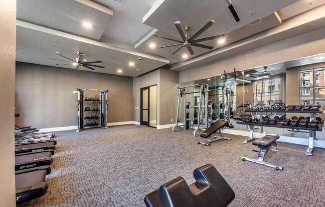 A spacious gym with a variety of equipment including treadmills, weights, and a bench press.