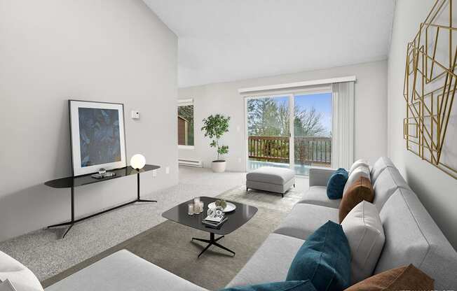 A modern living room with a grey sofa, a black coffee table, and a large window.
