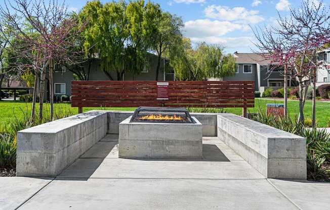 A fire pit is surrounded by concrete blocks in a park.