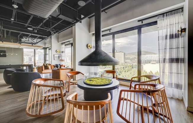 Seating area with window views of the mountains