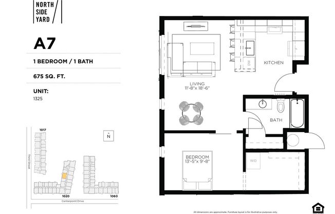 1 bed, 1 bath, 675 sqft, $1,400, Unit 1325