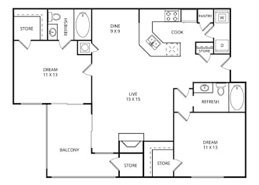 2 beds, 2 baths, 1,000 sqft, $1,409