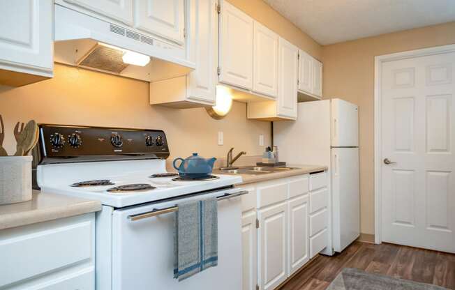 a kitchen with a stove and a sink and a refrigerator