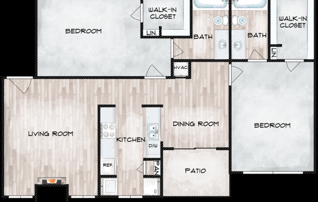 2 beds, 2 baths, 965 sqft, $1,225