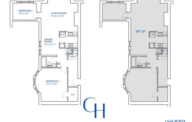 2 beds, 1 bath, 987 sqft, $2,216, Unit B-203