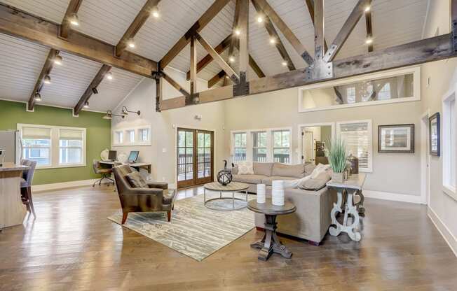 Interior room of Leasing Center with vaulted ceilings and seating area at Wynnwood Vinings Atlanta