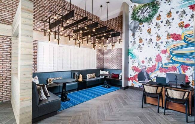 Unique design features abound throughout the community, including stylish lighting, colorful furnishings, and unique artwork.  You'll find many places to work, lounge, host, and relax at Modera Founders Row.