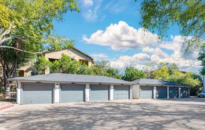 A row of garage doors are closed.