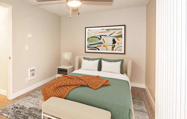 A bedroom with a bed, a nightstand, and a painting on the wall.