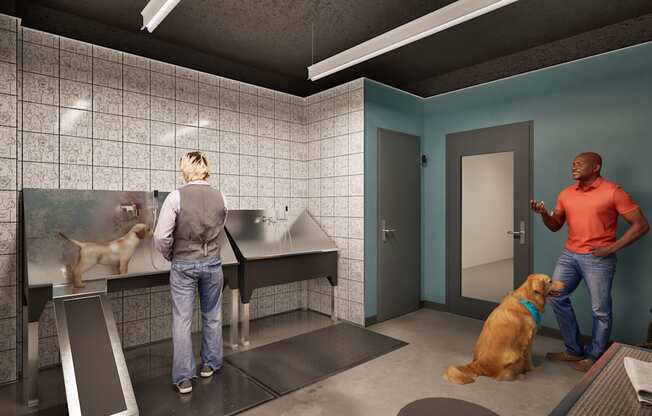 A man and a woman are standing in a room with a dog.