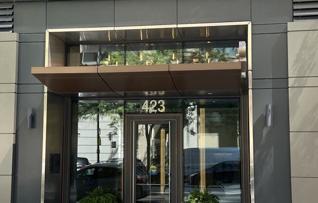 the entrance to a building on a city street