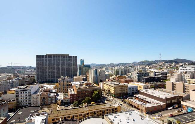 a cityscape of san francisco with a clear blue sky