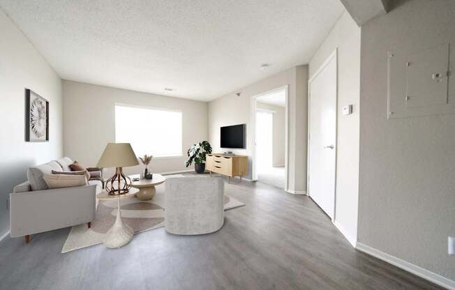 A living room with a white couch, a white coffee table, and a white rug.