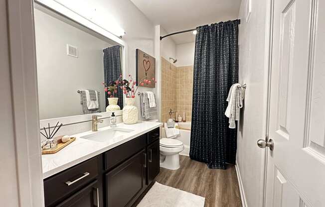 a bathroom with a shower and a toilet and a sink