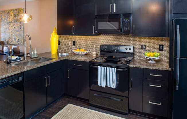 a kitchen with black cabinets and stainless steel appliances