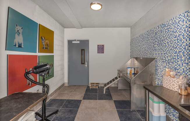 a laundry room with a washing machine and a blue door