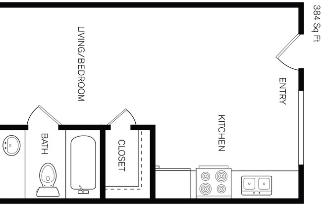 Studio, 1 bath, 384 sqft, $748