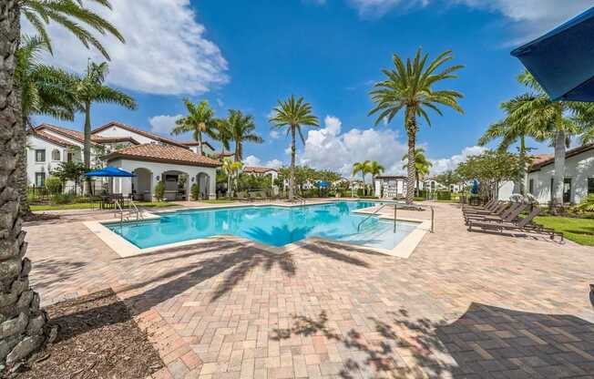 A swimming pool surrounded by palm trees and a brick patio.