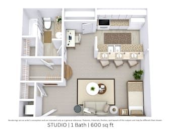 Studio, 1 bath, 600 sqft, $800