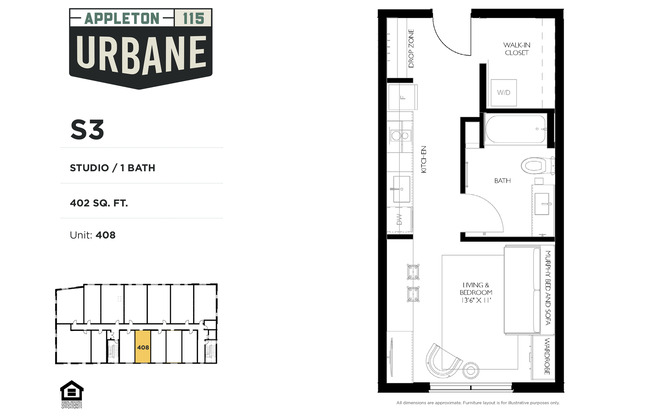 Studio, 1 bath, 402 sqft, $1,225, Unit 302