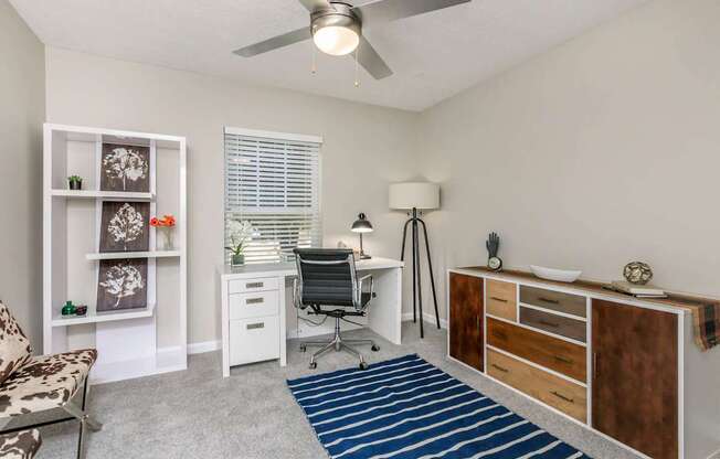 A room with a desk, chair, and shelves.