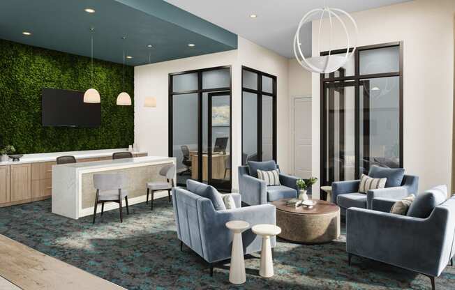 a rendering of a lobby with blue chairs and a reception desk
