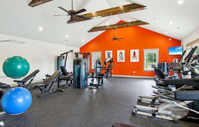 A fitness center with cardio and weight training equipment in front of an orange accent wall.